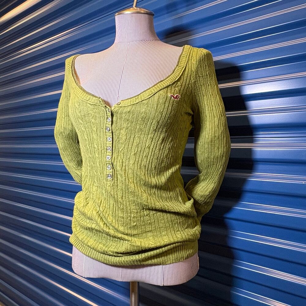 Rare Vtg Green Hollister Long sleeve Ribbed Henley size L Bella Swan Core Y2K